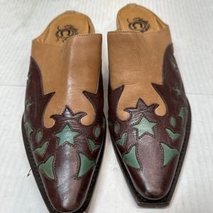 CHARLIE 1 HORSE by Lucheese Western Mules Brown Aqua Leather Women's Size 6